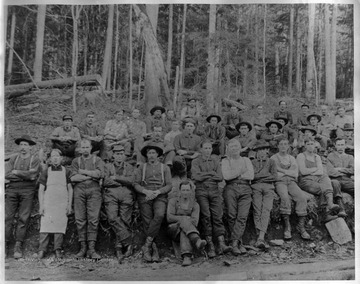 Group portrait of logging crew in woods. From Marshall Blizzard, Bayard, W.Va.
