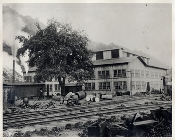 Bergoo, West Virginia; Lumber company building beside train tracks.<br /><br />