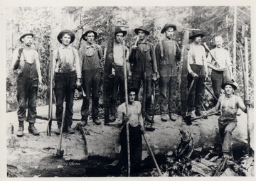 Group portrait of loggers with their tools.