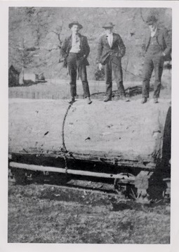 Picture of three men standing on a log.