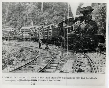 Twelve cars at end of switch back, 6% grade on Greenbrier and Elk Railroad, pulled by 95 ton Shay Locomotive.  