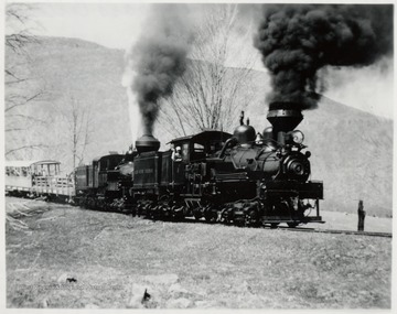 Two Shay engines pulling passenger carts during Richmond NRHS trip, May 7, 1966 below Whittaker, W.Va.