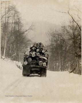 View from behind a log truck driving in the snow.