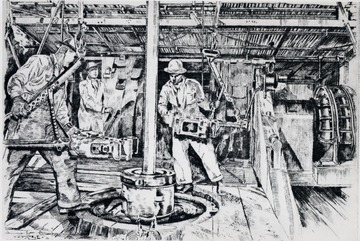 Drawing of three men working with oil equipment.