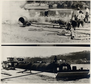 Top photograph, men making bend in pipeline.  Bottom photograph, 'The Hope Navy' transporting oil tanks.