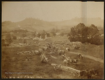 Activities in the oil field near Shinnston, Adamsville area.  Horses, wagons, and man-power moved all the equipment to the drilling site.  Sistersville and Shinnston came into the oil boom about the same time.  E.K. Towles of Shinnston, W. Va.