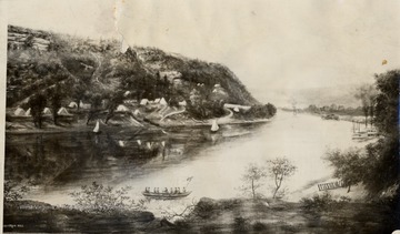Copy of painting by A.M. Doddridge, 1863- Army camp just below Chesapeake and Ohio Depot site near mouth of Ferry Branch on the Kanawha river.  Fort Scammon Hill in the distance.  President Hayes and McKinley were stationed in camp.
