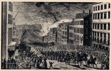 Engraving of Richmond in flames, soldiers and people in the street.