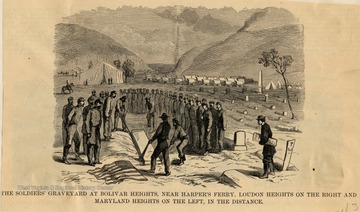 Sketch of soldiers burying a casket as other soldiers watch.  Loudon Heights on the Right and Maryland Heights on the Left, in the Distance.