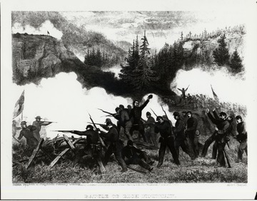 Sketch of soldiers engaged in battle at Rich Mountain. 