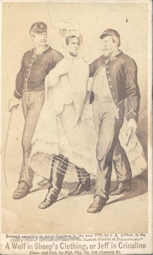 Jeff Davis in woman's clothing being escorted by two officers.  'Entered, according to Act of Congress in the year 1865. by J.A. Arthur, in the Clerk's Office of the District Court for the Eastern District of Pennsylvania.'