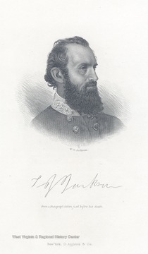 An engraved portrait of General Thomas J. 'Stonewall' Jackson made from a photograph taken just before his death.