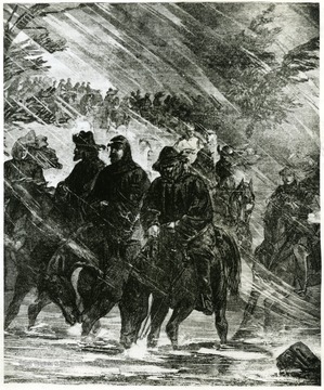 General Averell and his men in the rain during the raid on Salem. The men rode through pelting rain and in freezing weather. From a sketch in Harpers Weekly, Jan 16, 1864. See West Virginia Collection Pamphlet 6610 and Boyd Stutler's West Virginia in the Civil War.