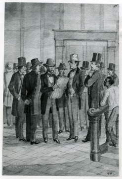 'Morgans Raiders are bound for Wheeling.' Excitement in the McClure House due to news of war. In the group, right, leaning against the stair rail is Hon. Wlm E. Stevenson, of Parkersburg, President of the 1863 senate and later governor; wearing a white hat is Leroy Kramer, Capt. Kramer Guards and 1864 Speaker of the House; James C. McGrew, Preston Co., later a Congressman, reads newspaper, Archibald W. Campbell, editor of the Wheeling Intelligencer with hands clasped behind his back. See West Virginia Collection Pamphlet 6610 and Boyd Stutler's 'West Virginia in the Civil War.'