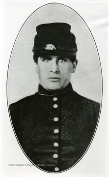 Portrait of Private William McKinley, Jr. of Company E. 23rd Ohio Volunteer Infantry. From a photo of the 18 year old Poland, Ohio lad which was probably taken at Camp Chase, Ohio before he left for the West Virginia front. See West Virginia Collection Pamphlet 6610 and Boyd Stutler's 'West Virginia in the Civil War.'
