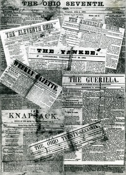 At least eighteen soldier newspapers were published in W. Va. during the Civil War.  Shown are the headings of eight of them, ranging from Martinsburg to Point Pleasant, and from Clarksburg to Lewisburg. See West Virginia Collection Pamphlet 6610 and Boyd Stutler's 'West Virginia in the Civil War.'