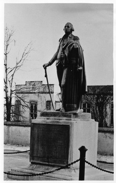 Bronze replica of Houdon's statue of General George Washington at Virginia Military Institute, Lexington. 'Captured' in June, 1864 by General David Hunter, it was removed to Wheeling where it stood until 1866 when it was restored to Virginia by legislative action.  See West Virginia Collection Pamphlet 6610 and Boyd Stutler's 'WV in the Civil War.'