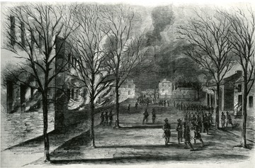 Burning of the U.S. Armory and Arsenal at Harpers Ferry on the night of April 18, 1861. From a sketch in Leslies Weekly. See West Virginia Collection Pamphlet 6610 and Boyd Stutler's 'WV in the Civil War.'