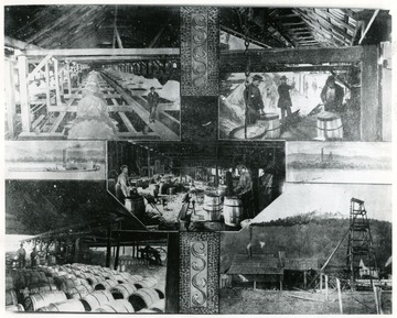 These pictures made before 1898 'probably at same time as Thompson made picture of entire plant'--also shown in this collection. Picture in upper left corner shows salt piled on drain boards after being lifted by hand from the crystalizing vats. Right upper picture shows salt being packed in barrels for shipment. Middle scene is in cooper shop. 'All salt at that time was shipped in barrels.' Lower left scene shows barrels of salt on platform ready to lower down incline to load on barges. Until the New York Central Railroad 'formerly the K&amp;M' was built, all salt was shipped by barge or taken across Kanawha River and loaded on C&amp;O Railroad at South Malden.