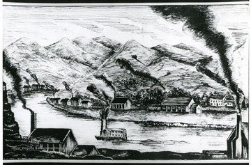 Early drawing or engraving of the salt works in the Kanawha Valley.