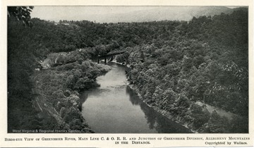 Bird's-eye view of Greenbrier River, Main Line C. and O. R.R. and junction of Greenbrier division, Allegheny Mountains in the Distance. 
