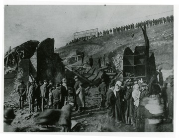 People standing above and around the entrance to the Monongah Mine No. 8 after the disaster.