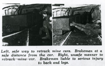 Two pictures of a miner retracking a mine car. Left is the safe way to retrack, right is the unsafe way to retrack.