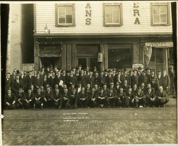 Group portrait of the U.M.W.A. in front of Evans Opera House at a convention in Lonaconing, MD.