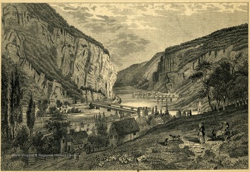 Engraving of a group of people standing on a hill overlooking Harpers Ferry, W. Va.