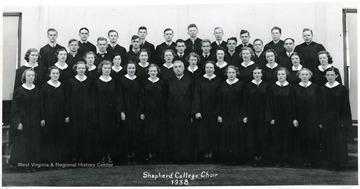 Group photo of the Shepherd College Choir in robes. Only identified member is Melvin Tracy Snyder, top row, 6th from the left.