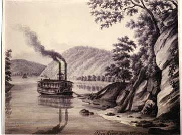 Painting of a steamboat docking at the Ohio River at Wheeling. Photographed by G.W.'Jerry' Sutphin. Permanent Collection, Huntington Galleries. 