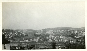 A view of West Virginia University buildings and Beechurst Avenue in Morgantown, West Virginia.