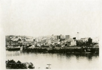 'Looking east from West Side of Monongahela River (Coal Tipple) showing Baltimore and Ohio Depot and Hotel Morgan.'