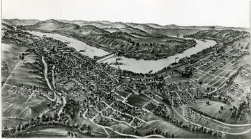 'Fowler Map' of Morgantown, W.Va. Shows street names, bridges, major buildings and other points of interest before the turn of the century.