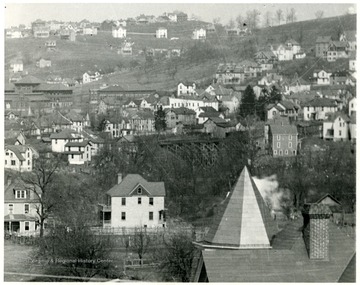 View of area of North High St, Wiles Hill, Spruce St. and Forest Ave. showing the bridge across Deep Hollow Run in Morgantown, W. Va. 