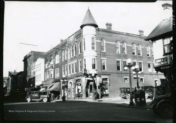 A view of the corner of High and Pleasant Streets, showing Brock, Reed, and Wade Building in Morgantown, West Virginia.