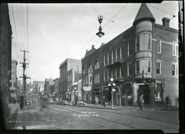A view of High Street, at the corner of Pleasant Street in Morgantown, West Virginia.