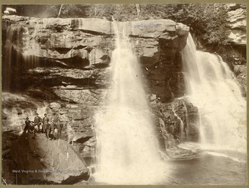 There is a group of men in suits standing on a rock beside the falls.
