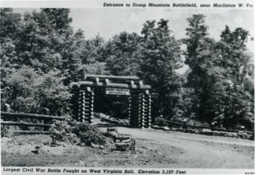 A photograph postcard of the entrance to Droop Mountain Battlefield near Marlinton, Pocahontas County, West Virginia. 