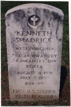 Headstone of Kenneth Shadrick, the first United States soldier killed in the Korean Conflict.