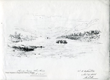 Drawing of Ohio river waterscape with workers and boats titled 'Horse Ferry Ohio River Thick Mist, November 27, 1853, 4 P.M.'