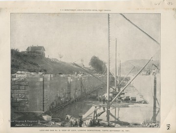 'U.S. Improvement, Great Kanawha River, West Virginia. Lock and Dam No. 8 - View of lock, looking downstream. Taken September 30, 1891.'