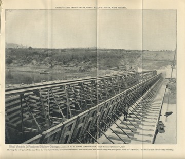 'U.S. Improvement, Great Kanawha River, West Virginia. Showing the weir part of the dam (from the center pier looking toward the abutment) after the wickets and service bridge had been placed inside the cofferdam. The wickets and service bridge standing.'