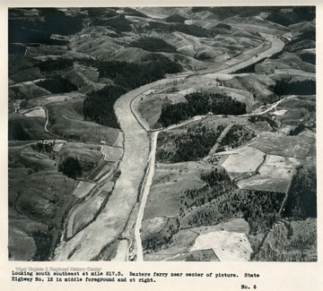 'Looking south southeast a mile 217.5.  Baxters ferry near center of picture.  State Highway no. 12 in middle foreground and at right.'