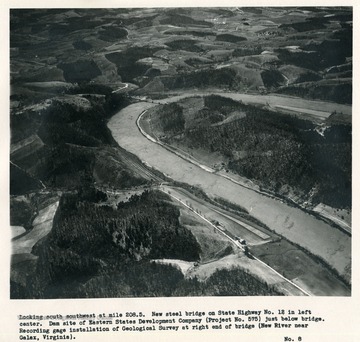 'Looking south southwest at mile 208.5.  New steel bridge on State Highway no. 12 in left center.  Dam site of Eastern States Development Company (Project No. 575) just below bridge.  Recording gauge installation of Geological Survey at right end of bridge (New River near Galax, Virginia).'