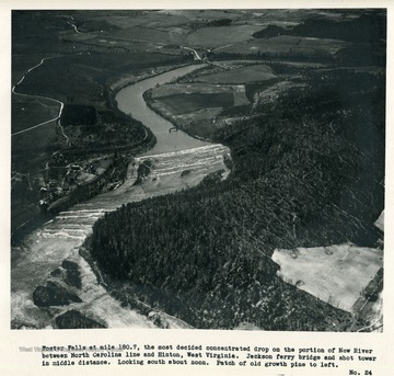 'Foster Falls at mile 180.7, the most decided concentrated drop on the portion of New River between North Carolina line and Hinton, West Virginia.  Jackson ferry bridge and shot tower in middle distance.  Looking south about noon.  Patch of old growth pine to left.'