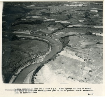 'Looking northwest at mile 174.4 about 1 p.m.  Barren Springs and ferry in middle; Reed Creek in upper left entering river just to left of picture; several wet-weather ponds in limestone sinks.'