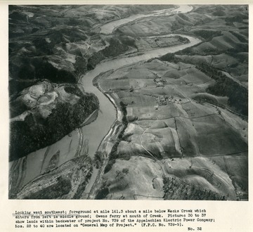 'Looking west southwest; foreground at mile 161.3 about a mile below Macks Creek which enters from left in middle ground; Owens ferry at mouth of Creek.  Pictures 30 to 37 show lands within backwater of project no. 739 of the Appalachian Electric Power Company; Nos. 28 to 40 are located on "General Map of Project" (F.P.C. No. 739-9).' 