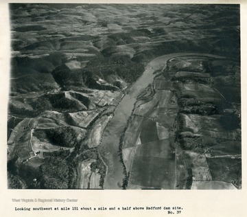 'Looking southwest at mile 151 about a mile and a half above Radford dam site.'
