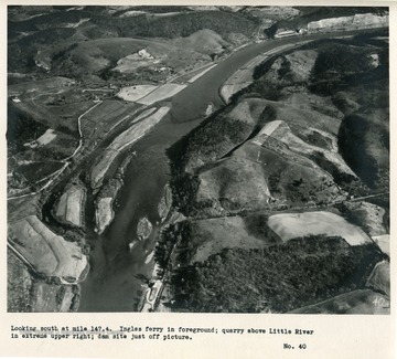 'Looking south at mile 147.4.  Ingles ferry in foreground; quarry above Little River in extreme upper right; dam site just off picture.'